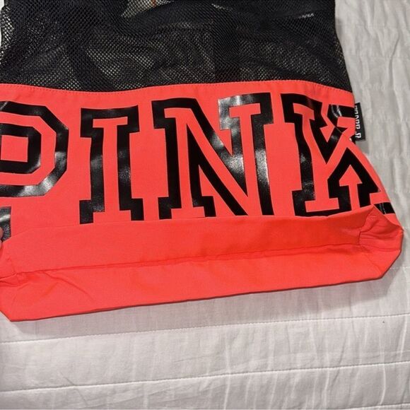 PINK Black Neon Coral Pink Canvas Mesh Tote Bag - Picture 8 of 8